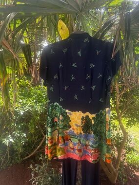 Breeze Navy Blue 2-Piece Set Kimono + Pants Size L Colorful Scenic Print Embroid